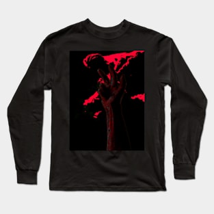 Digital collage and special processing. Hand near clouds. Holy trinity hand gesture. High contrast, red and pink. Bizarre. Long Sleeve T-Shirt